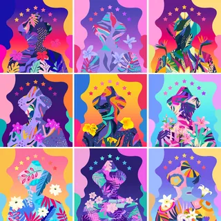 Colorful abstract portraits with floral and star decorations by Superama