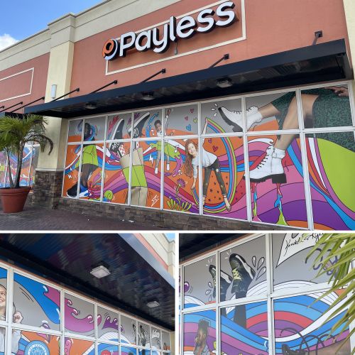 気まぐれな抽象的なデザインが特徴的な、Superama によるカラフルな Payless 店頭壁画