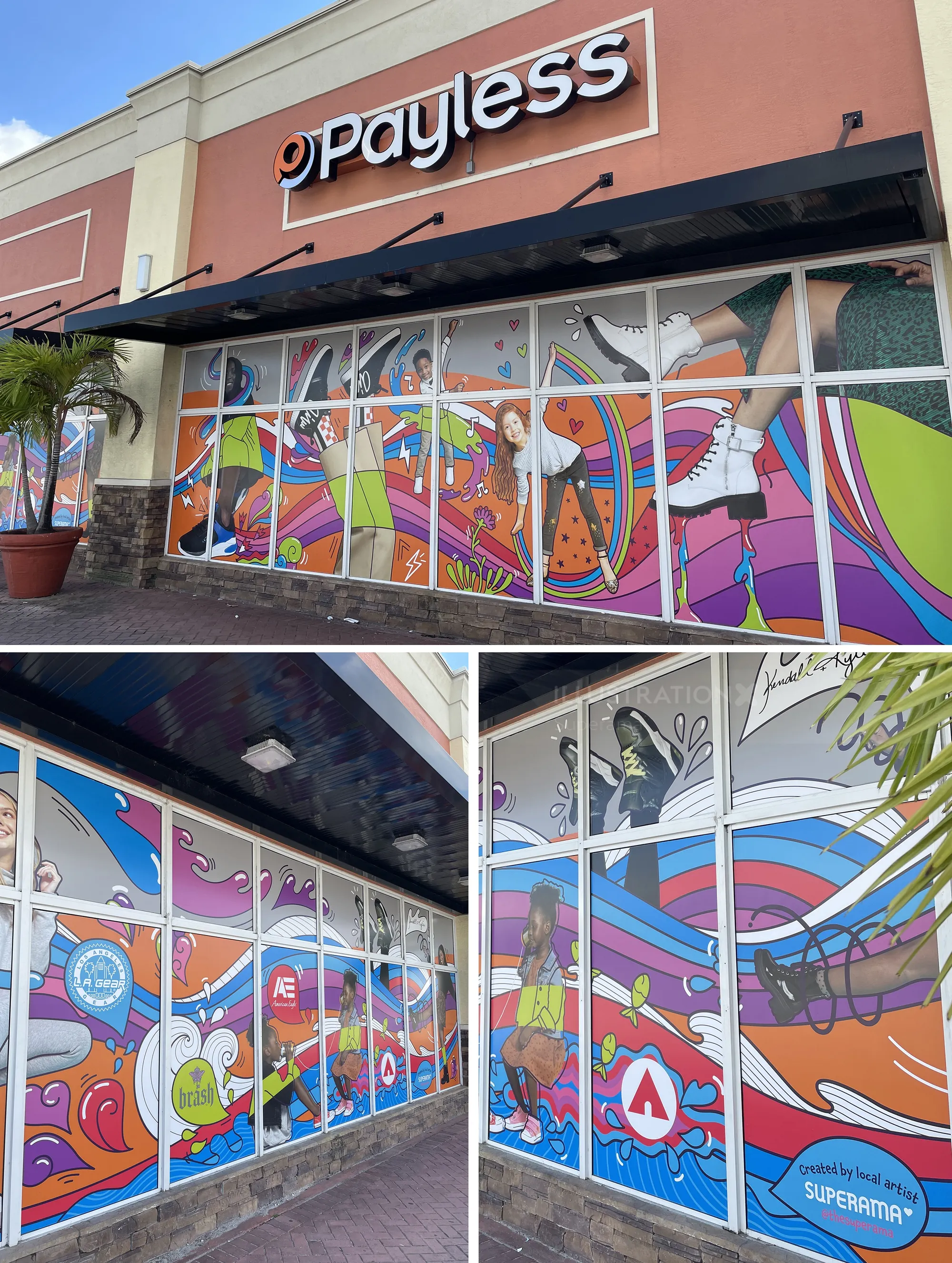 Colorful Payless storefront murals by Superama with whimsical abstract designs