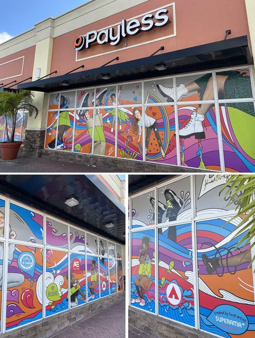 Colorful Payless storefront murals by Superama with whimsical abstract designs