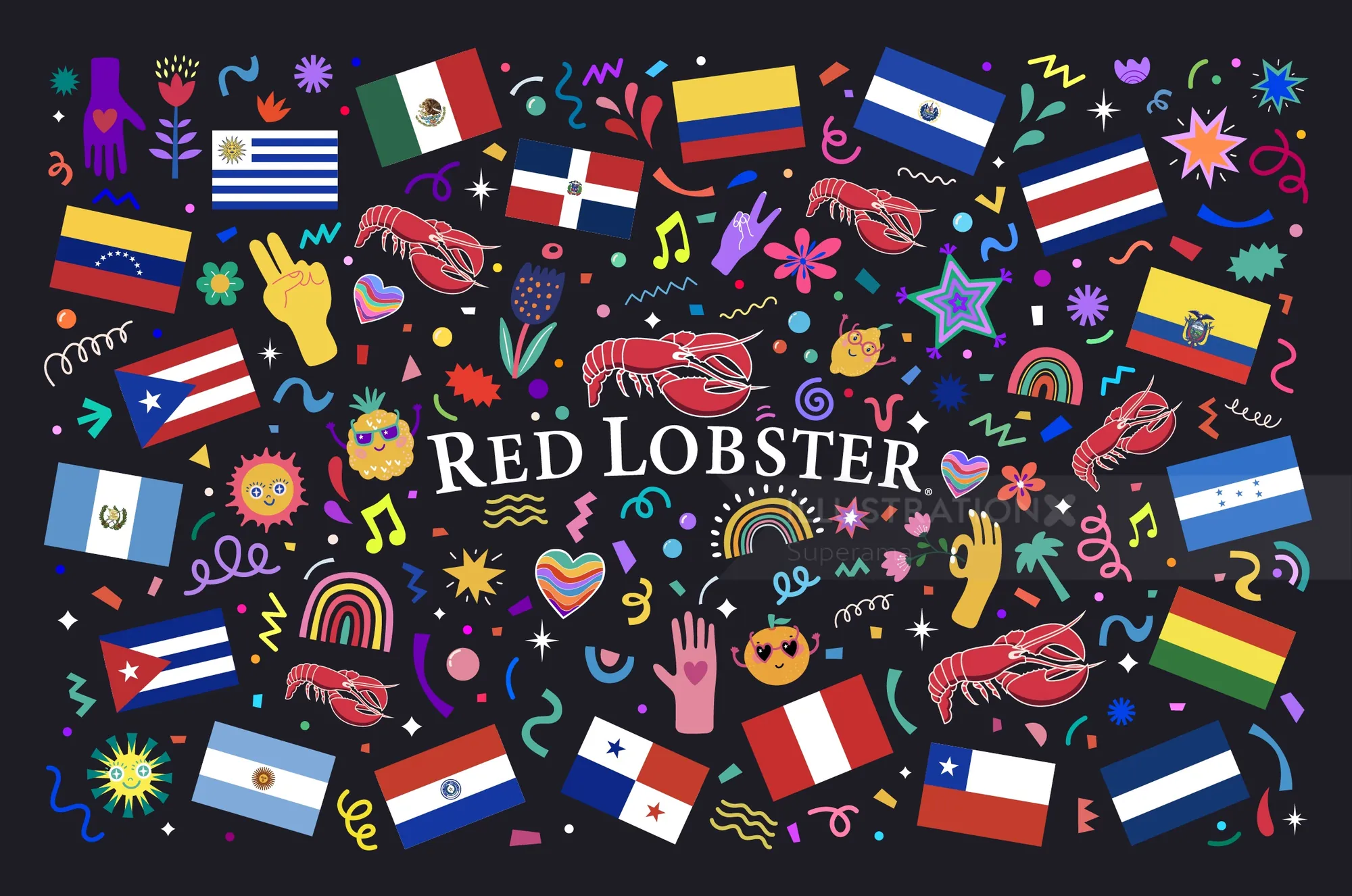 Red Lobster logo with surrounding Latin American flags and festive icons by Superama