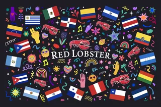 Red Lobster logo with surrounding Latin American flags and festive icons by Superama