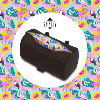 Black duffel bag with tropical pattern inside and surrounding background by Superama