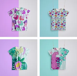 Four colorful kids t-shirts with fruit, mushroom, plant, and animal patterns by Superama