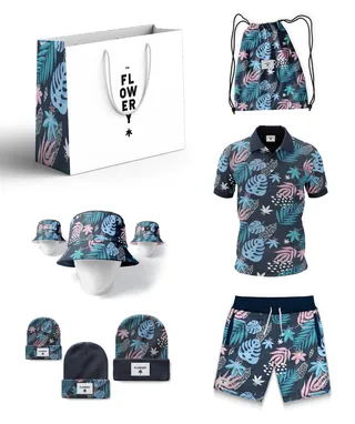 Summer apparel set with floral pattern including hats, shorts, polo shirt and bag by Superama