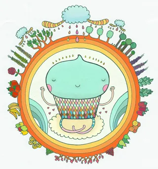 Whimsical cup character surrounded by fruit and plants by Superama