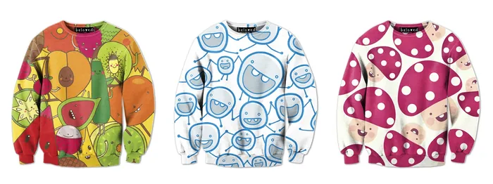 Three colorful abstract patterned sweatshirts by Superama