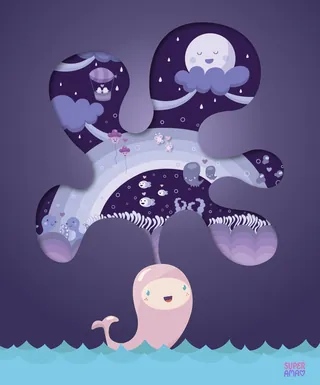 Whimsical night sky with pink whale and fantasy elements by Superama
