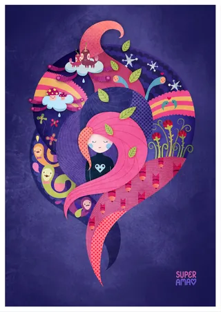 Abstract woman with flowing pink hair and nature elements by Superama