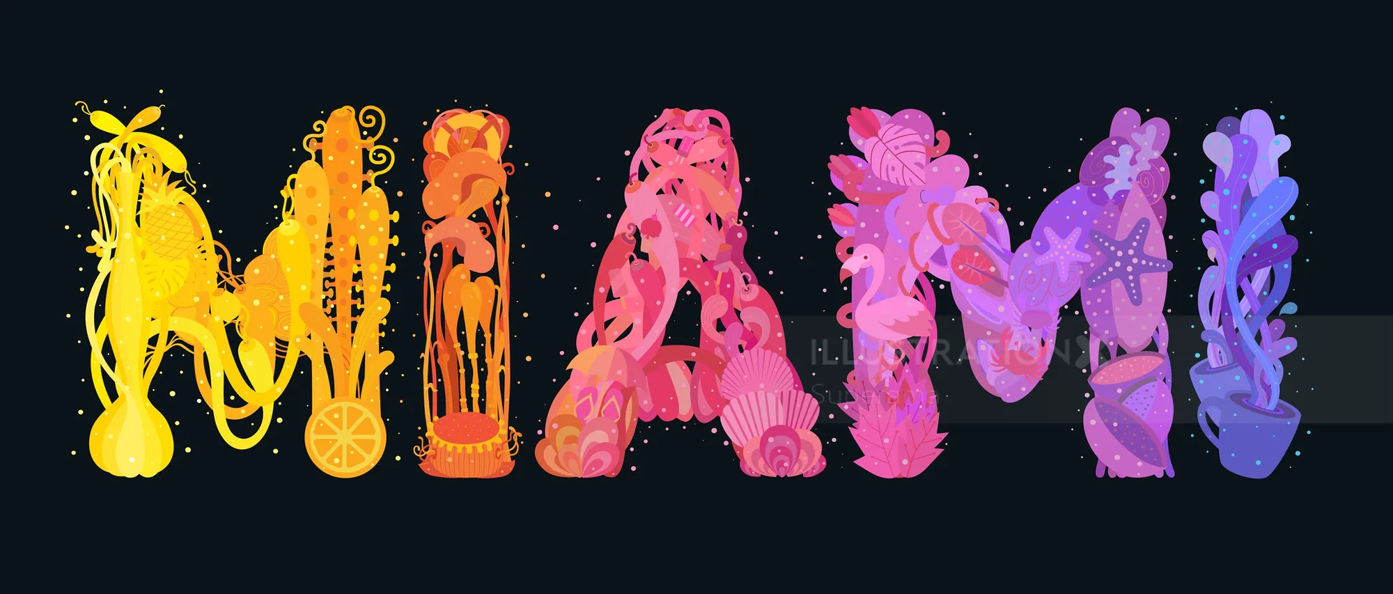 Colorful artistic Miami typography by Superama on black background