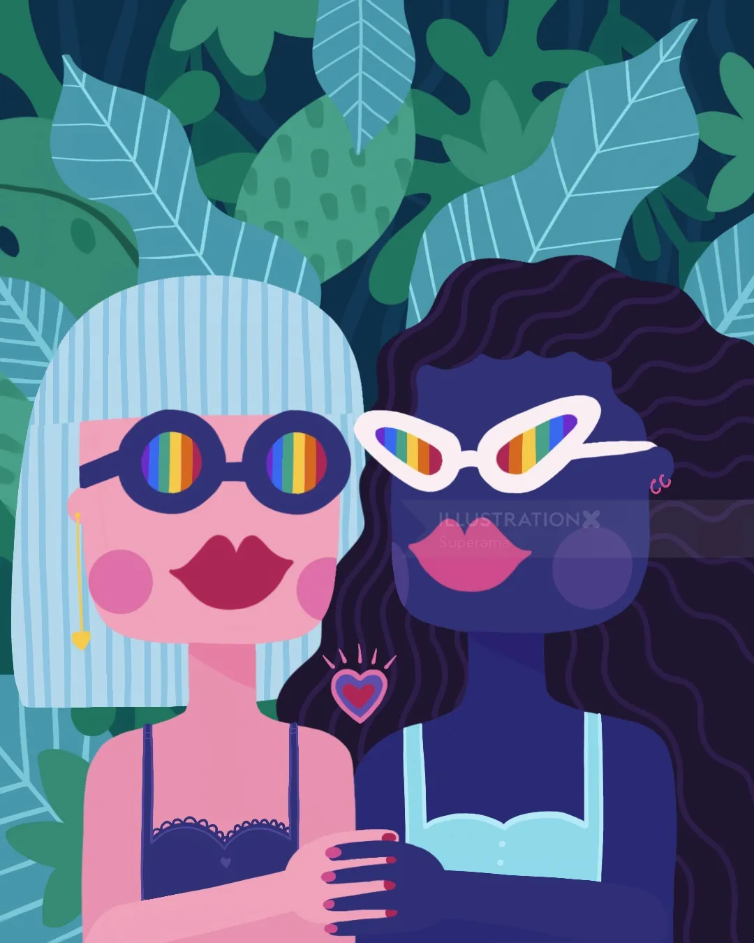 Two women wearing colorful sunglasses with leafy background by Superama