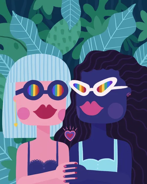 Two women wearing colorful sunglasses with leafy background by Superama