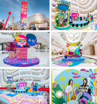 Colorful spring-themed art installations inside a shopping mall by Superama
