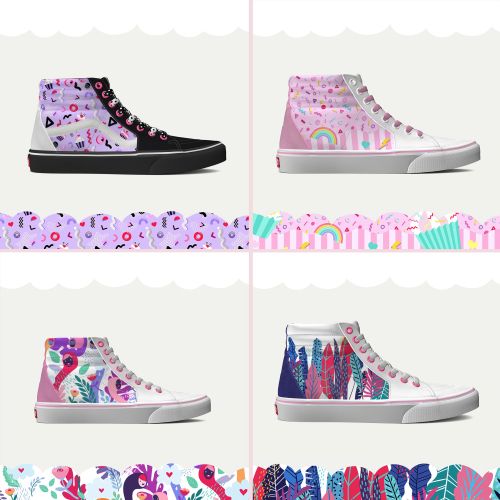 Colorful high-top sneakers with various abstract patterns by Superama