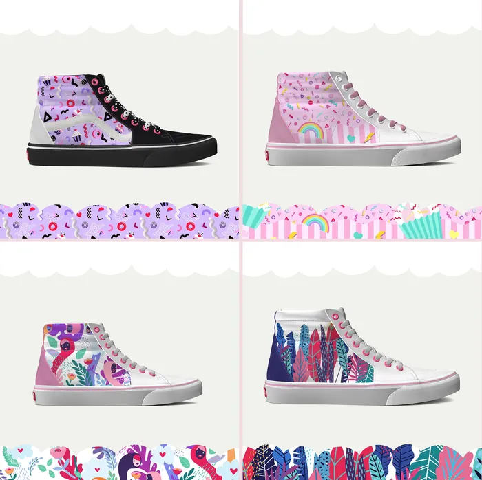 Colorful high-top sneakers with various abstract patterns by Superama