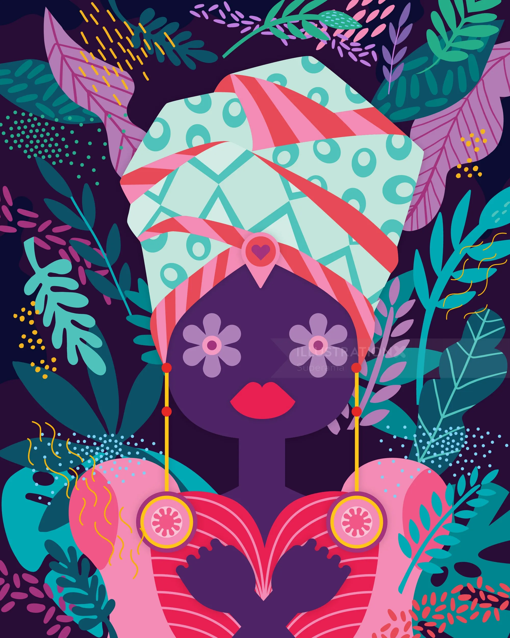 Abstract woman with floral headwrap in vibrant tropical leaves by Superama