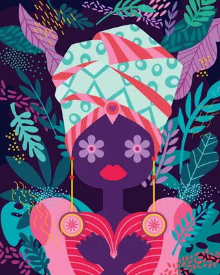 Abstract woman with floral headwrap in vibrant tropical leaves by Superama