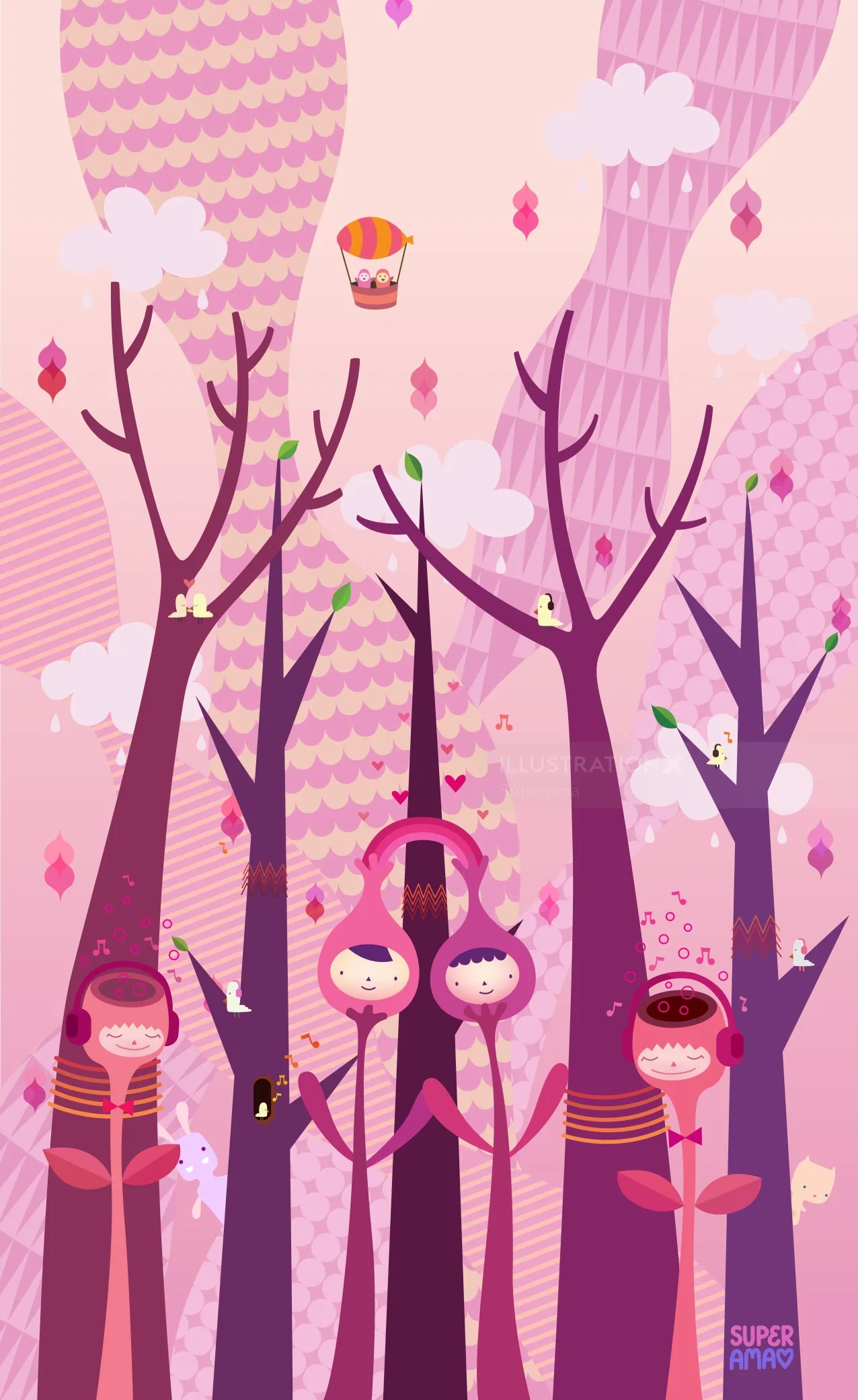 Whimsical pink forest scene with stylized trees, characters, and a hot air balloon by Superama