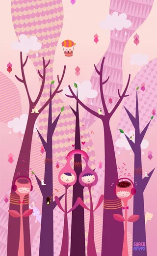 Whimsical pink forest scene with stylized trees, characters, and a hot air balloon by Superama