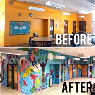 Classroom walls before and after colorful nature mural by Superama