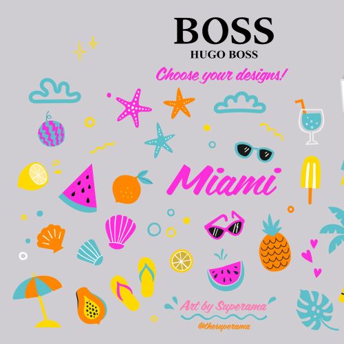 Miami summer icons with fruits, sunglasses, and beach elements by artist Superama