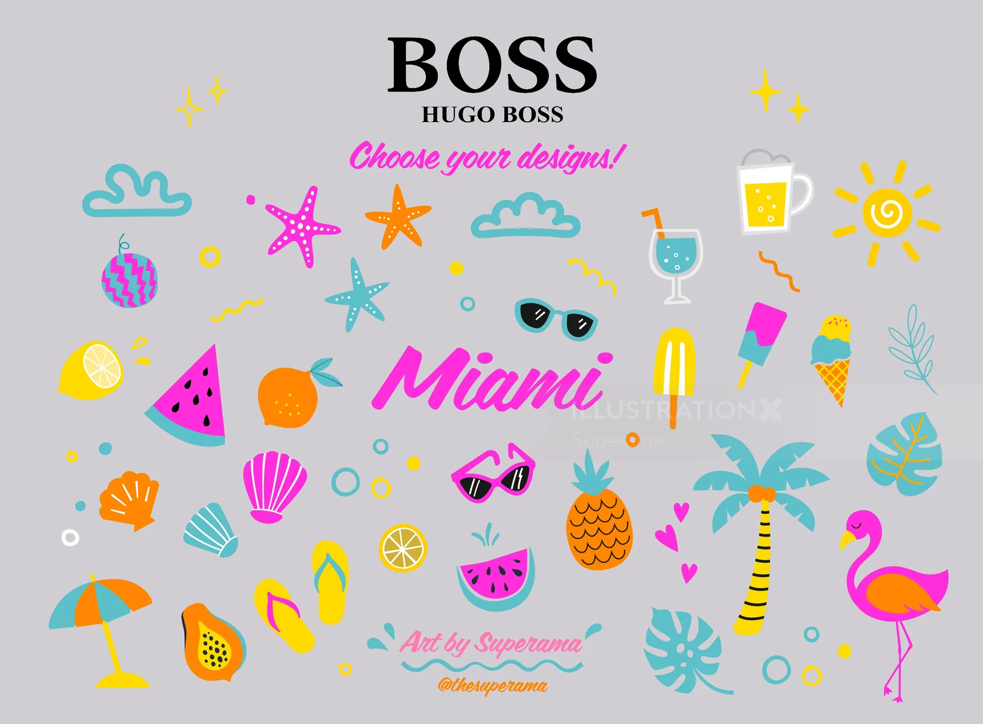 Miami summer icons with fruits, sunglasses, and beach elements by artist Superama