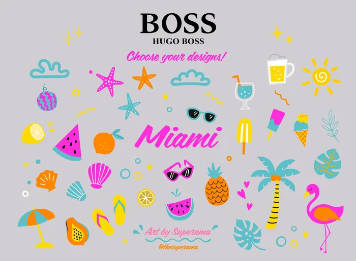 Miami summer icons with fruits, sunglasses, and beach elements by artist Superama