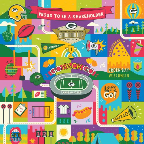 Colorful digital mural of Green Bay Packers landmarks by Superama