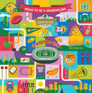 Colorful digital mural of Green Bay Packers landmarks by Superama