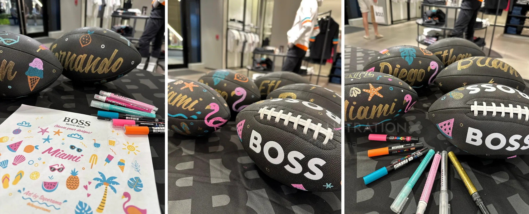 Black footballs decorated with colorful marker designs by artist Superama