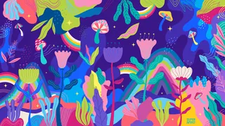 Abstract vibrant flowers, leaves, and rainbows on a dark background