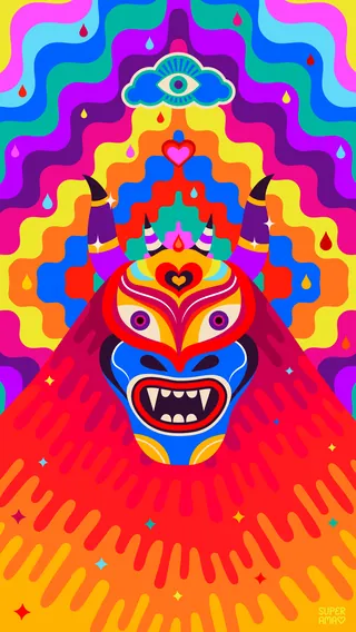 Vibrant psychedelic masked figure with an all-seeing eye and rainbow waves