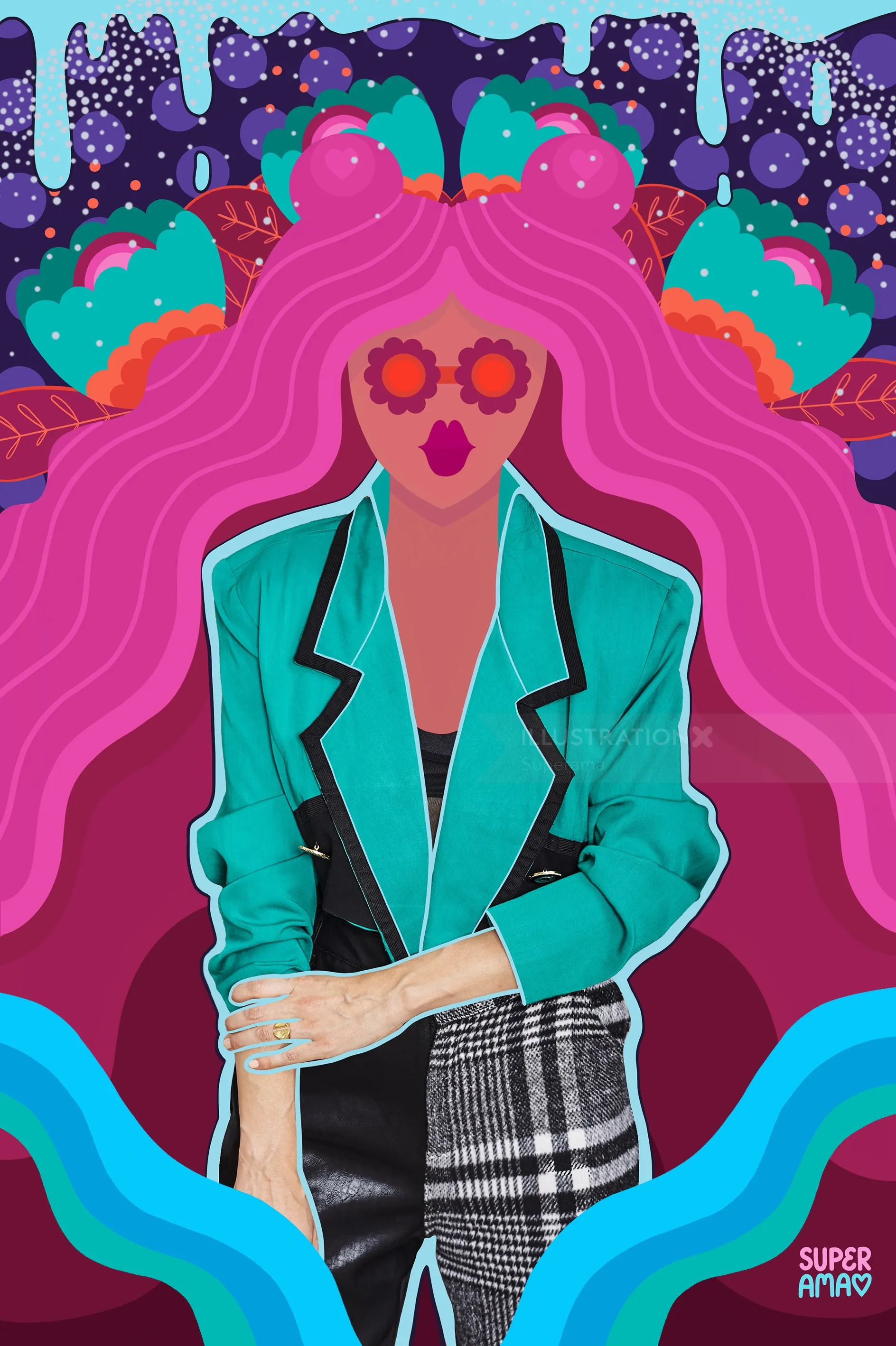 Colorful woman with long pink hair and heart-shaped sunglasses wearing teal jacket