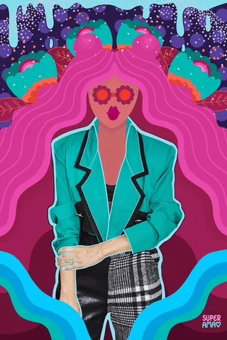 Colorful woman with long pink hair and heart-shaped sunglasses wearing teal jacket