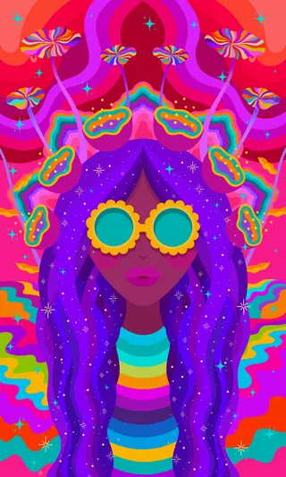 Psychedelic woman with blue hair, colorful glasses, and vibrant swirling patterns