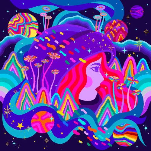 Colorful psychedelic woman portrait with planets and flowers in space