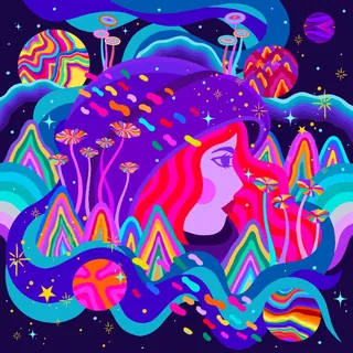 Colorful psychedelic woman portrait with planets and flowers in space