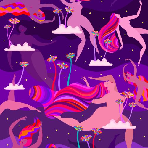 Feminine figures with colorful hair dancing on clouds surrounded by flowers in purple sky