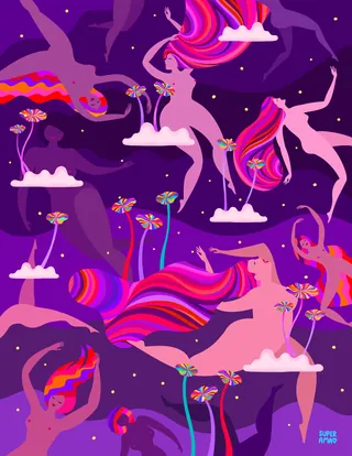 Feminine figures with colorful hair dancing on clouds surrounded by flowers in purple sky