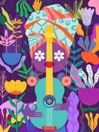 Person playing guitar with vibrant flowers in colorful abstract style