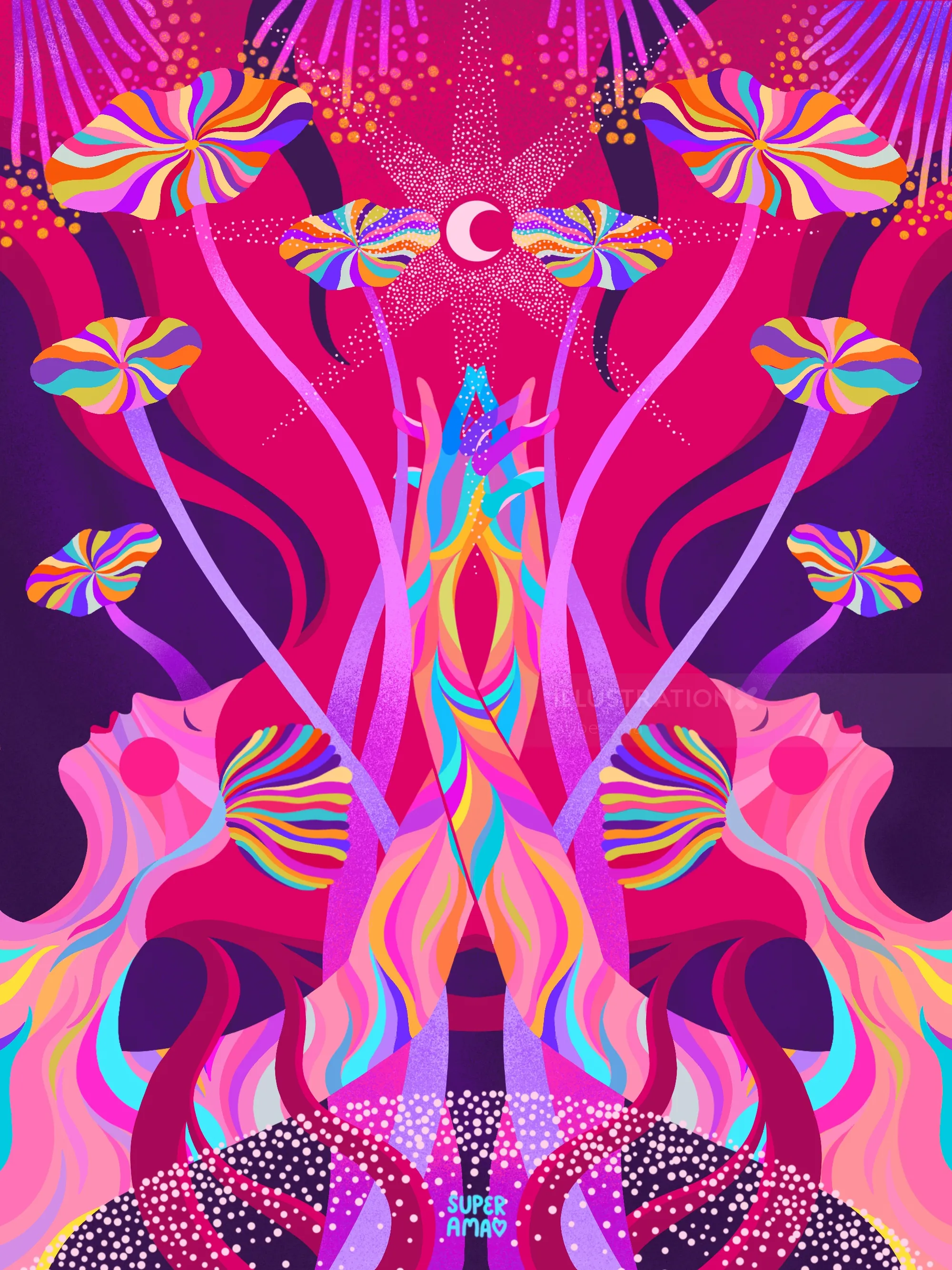 Vibrant psychedelic hands and lotus flowers with crescent moon on purple background