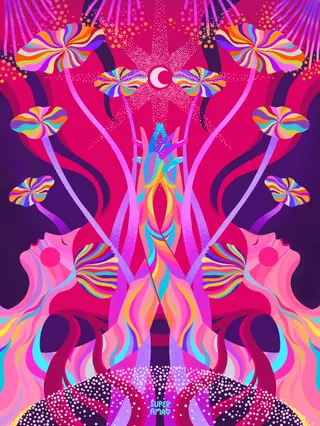 Vibrant psychedelic hands and lotus flowers with crescent moon on purple background