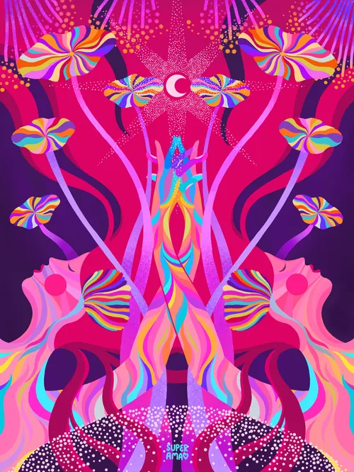 Vibrant psychedelic hands and lotus flowers with crescent moon on purple background