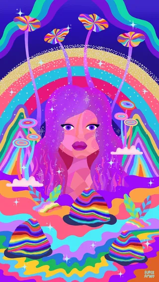 Surreal colorful portrait with rainbow and abstract shapes