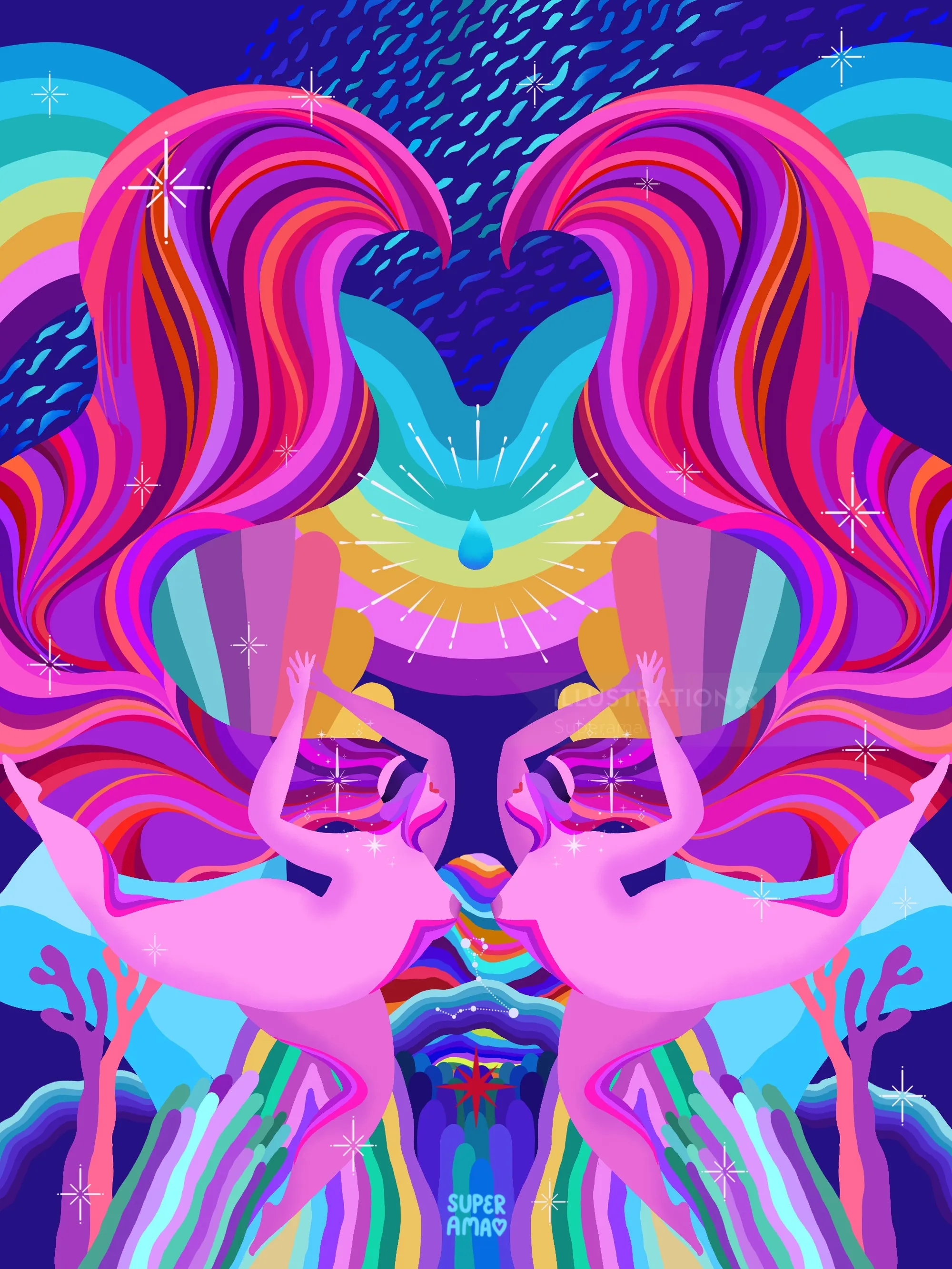 Colorful psychedelic illustration with mirrored figures, rainbows, and pink flamingos.