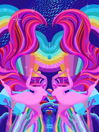Colorful psychedelic illustration with mirrored figures, rainbows, and pink flamingos.