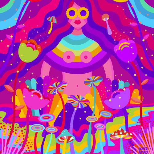 Psychedelic woman with rainbows and mushrooms in vivid colors