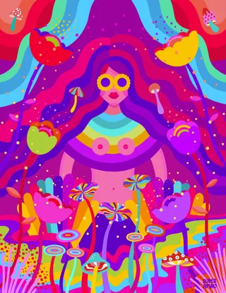 Psychedelic woman with rainbows and mushrooms in vivid colors