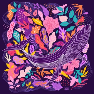 Whale swimming among bright, colorful abstract plants and shapes
