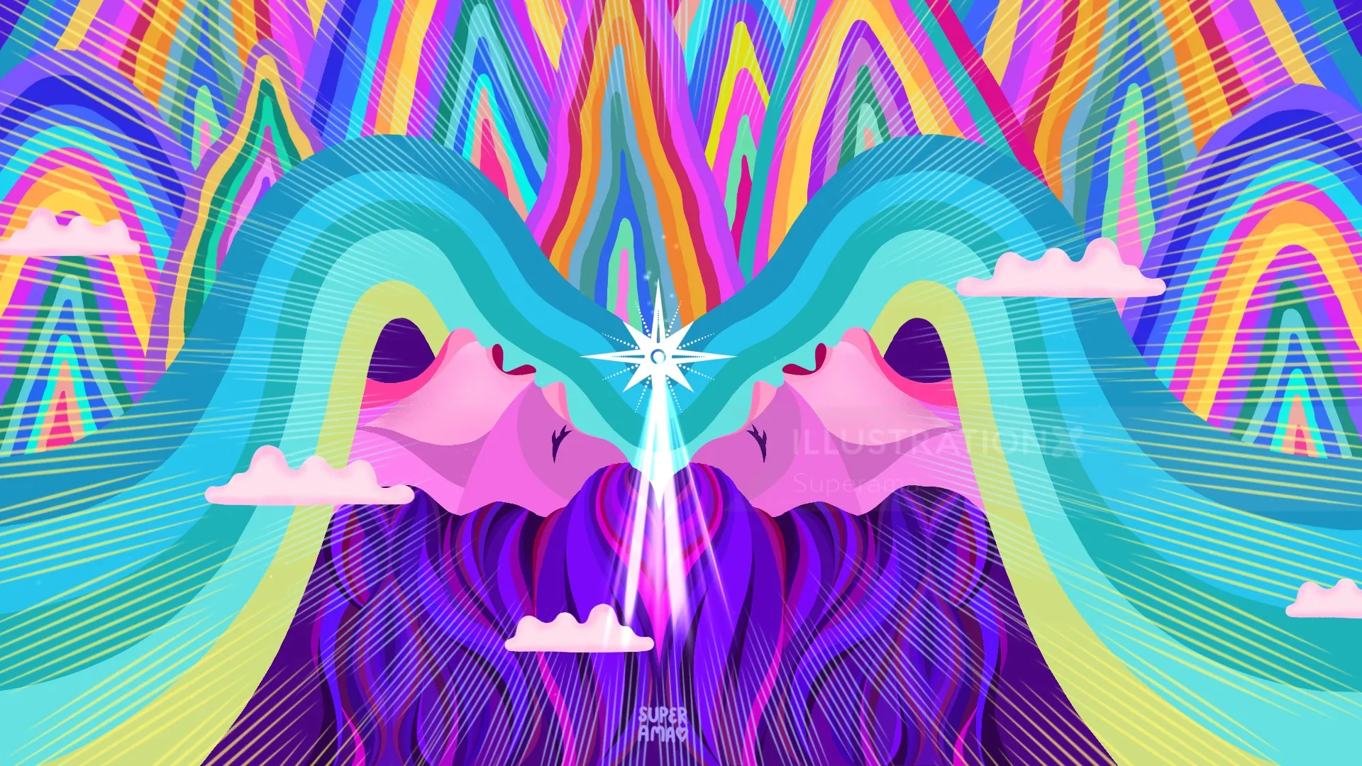 Abstract mirrored faces with vibrant flowing hair and colorful background.